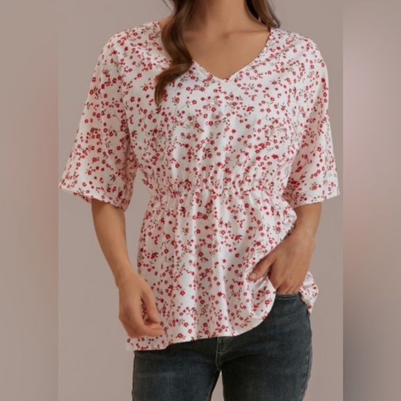 SHEIN Curve Light Pink V-Neck Cinched waist Floral Blouse Size 3XL NWOT - Picture 2 of 6